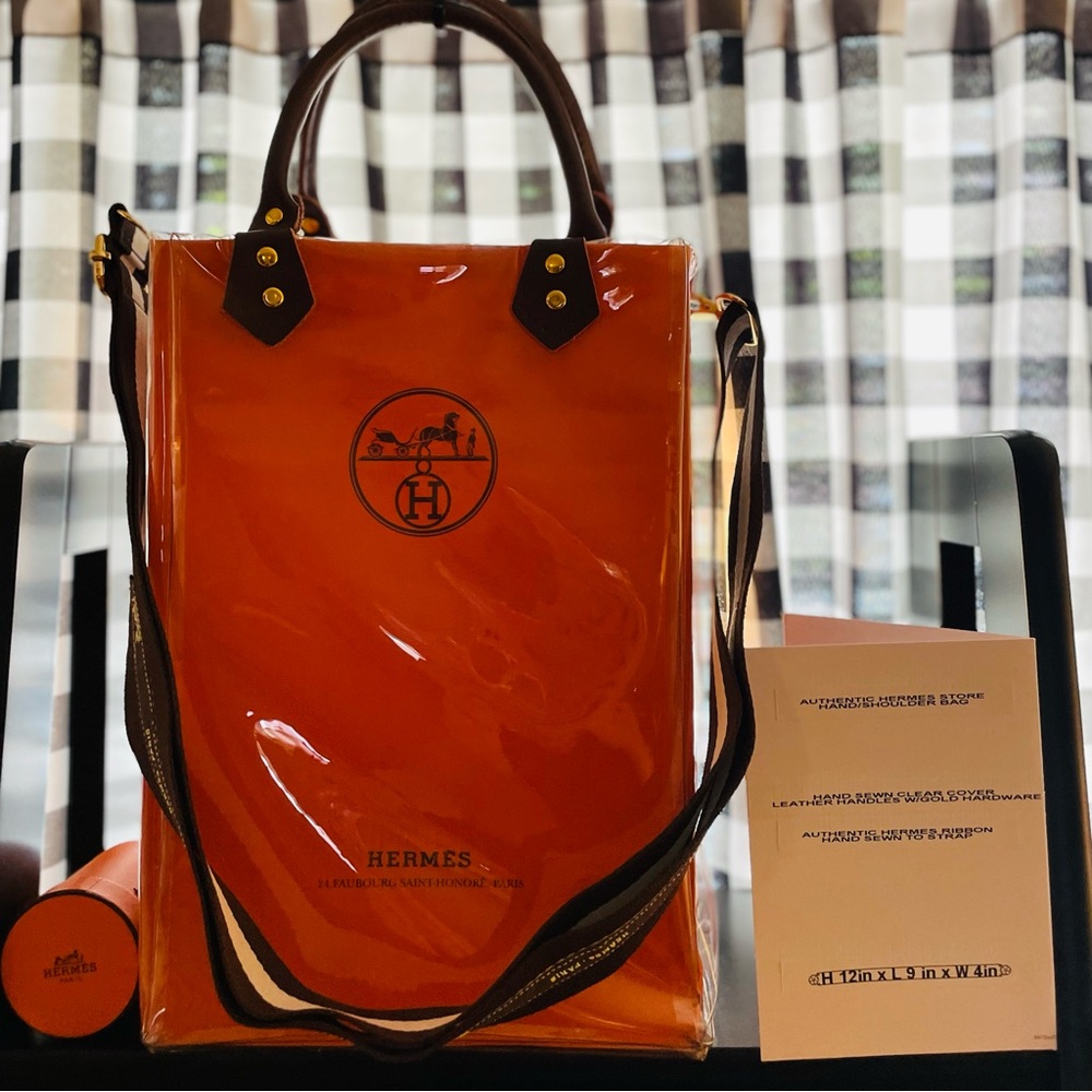 Luxury store bag w/clear cover, leather handles & strap reconstructed